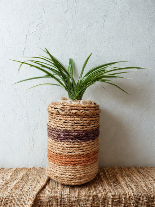 Natural raffia planter with a plum and muted orange highlight , wrapped around a tin container, holding a green indoor plant.