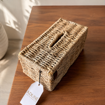 Raffia-wrapped tissue and storage box with Aduné leather tag
