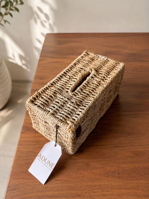 Raffia-wrapped tissue and storage box with Aduné leather tag