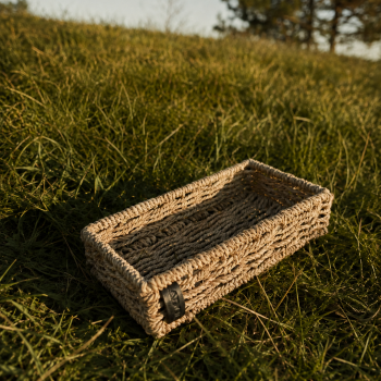 Handwoven natural fibre Ritual Tray from Aduné Home’s Minis Collection, styled outdoors in warm natural light.